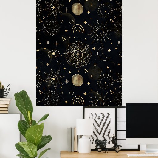 Boho Gold Space doodles Black Design ポスター (ホームオフィス)