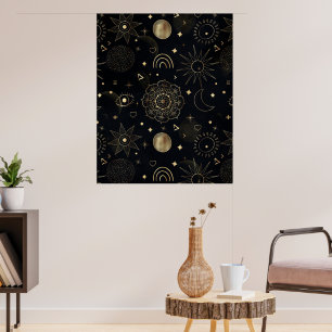 Boho Gold Space doodles Black Design ポスター