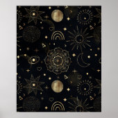 Boho Gold Space doodles Black Design ポスター (正面)