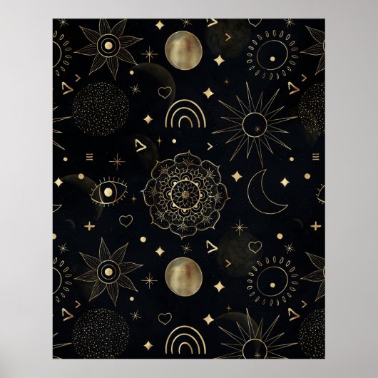 Boho Gold Space doodles Black Design ポスター (正面)