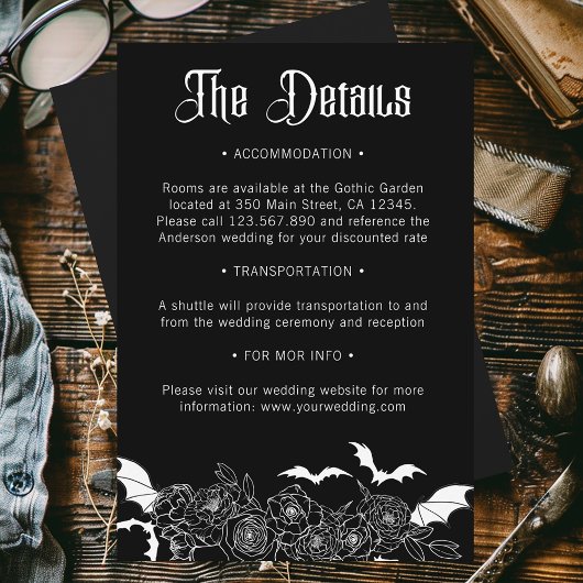 Boho Gothic Botanical Black Wedding Details エンクロージャーカード