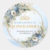 Boho Graceful Pale Blue Gold Greenery Quinceañera ラウンドシール (正面)