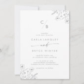 Boho Gray Calligraphy Wildflower Monogram Wedding 招待状 (正面)