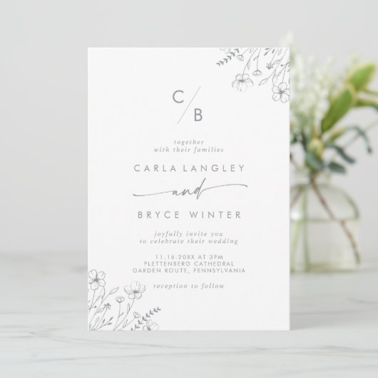 Boho Gray Calligraphy Wildflower Monogram Wedding 招待状 (スタンド正面)