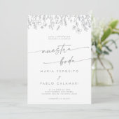 Boho Gray Calligraphy Wildflower Spanish Wedding  招待状 (スタンド正面)