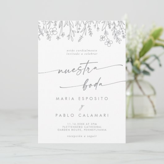 Boho Gray Calligraphy Wildflower Spanish Wedding  招待状 (スタンド正面)