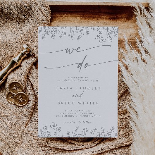 Boho Gray Calligraphy Wildflower We Do Wedding 招待状