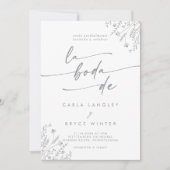 Boho Gray Wildflower QR Code Spanish Wedding 招待状 (正面)