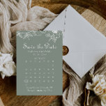 Boho Greenフローラ日付カレンダーの保存 セーブザデート<br><div class="desc">このボーホグリーンフローラは、日付カレンダーを保存する冬の結婚式に最適である。このデザインは水色のリンゴの花と緑の背景の花を特徴としている。</div>