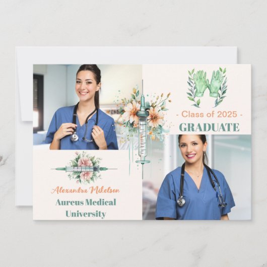 Boho Green 2写真水彩看護学校卒業 案内状 (正面)