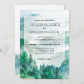 Boho Green and Blue Watercolor Forest Wedding 招待状 (正面/裏面)