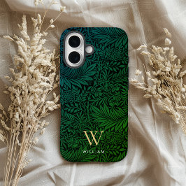 Boho Green Floral Gold Monogram Name iPhone 16ケース