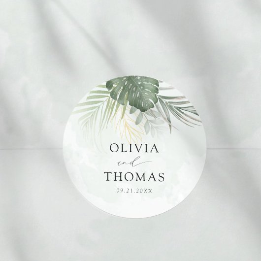 Boho Green Palms Coastal Wedding ラウンドシール