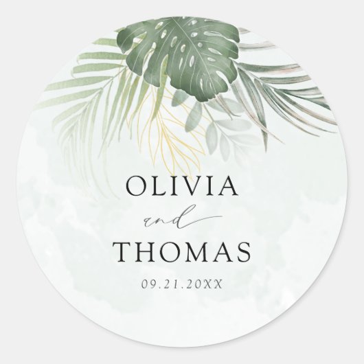 Boho Green Palms Coastal Wedding ラウンドシール (正面)