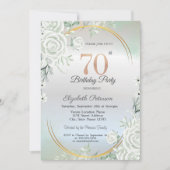 Boho Green Roses Silver 70th Birthday  招待状 (正面)