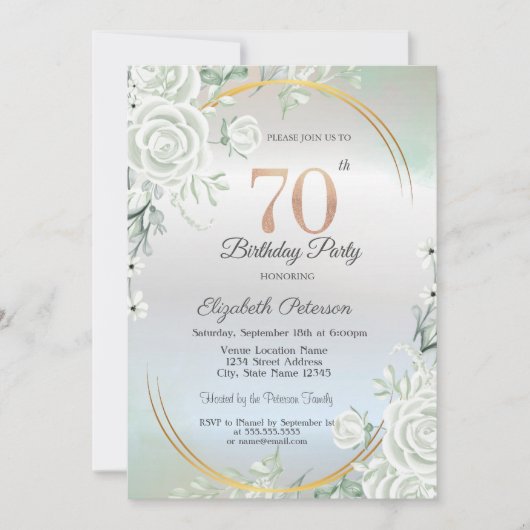 Boho Green Roses Silver 70th Birthday 招待状 (正面)