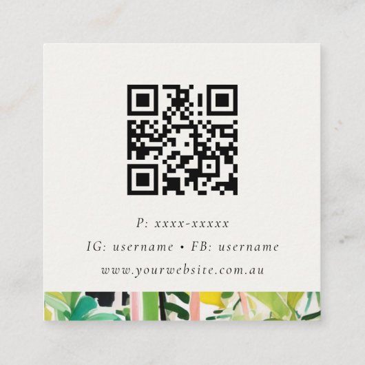Boho Green Tropical Leaf Foliage Botanical QR Code スクエア名刺 (裏面)