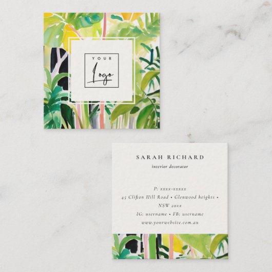 Boho Green  Tropical Leafy Foliage Botanical Logo スクエア名刺 (正面/裏面)