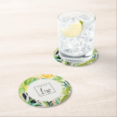 Boho Green  Tropical Leafy Foliage Botanical Logo ラウンドペーパーコースター (インサイチュ)