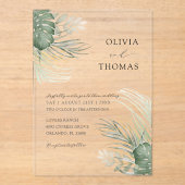 Boho Green Watercolor Monstera  Wedding アクリル招待状 (正面)