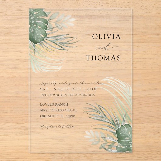 Boho Green Watercolor Monstera  Wedding アクリル招待状 (正面)