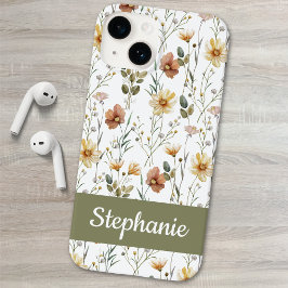 Boho Green Watercolor Wildflower Name Case-Mate iPhone 14ケース