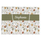 Boho Green Wildflower Watercolor Monogram Name ラージペーパーバッグ (裏面)