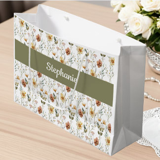 Boho Green Wildflower Watercolor Monogram Name ラージペーパーバッグ