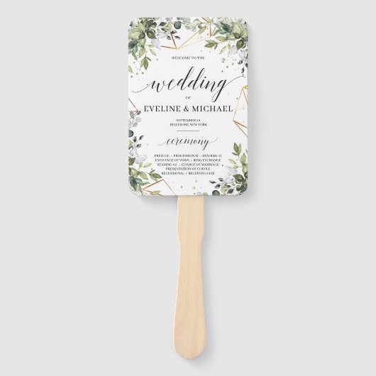 Boho greeneryフォレイジ金ゴールドフレーム結婚式プログラム ハンドファン (正面)