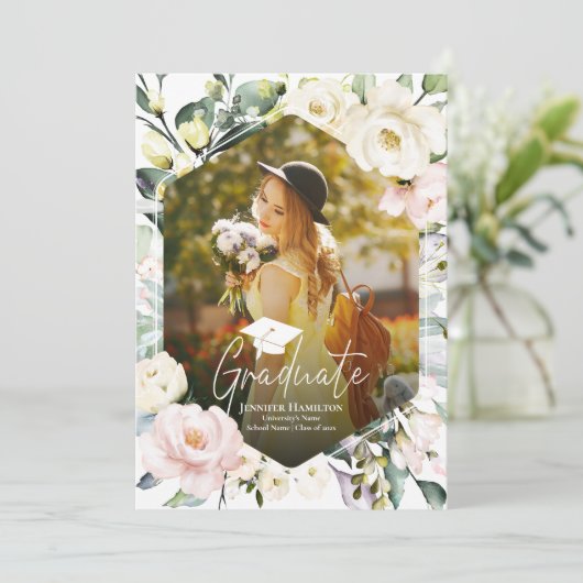 Boho Greeneryフローラフレーム写真卒業パーティー 招待状 (スタンド正面)