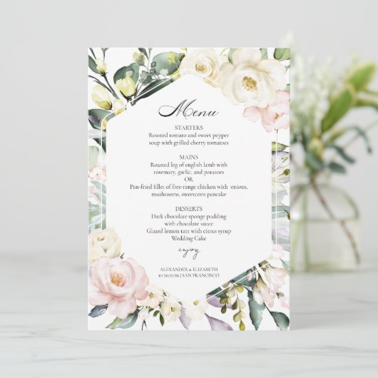 Boho Greeneryフローラフレーム写真結婚のメニューカード 招待状 (スタンド正面)