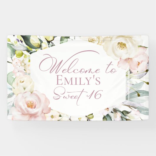 Boho Greeneryフローラフレーム甘い16ウェルカムバナー 横断幕 (横)