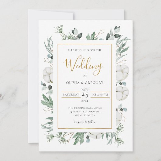 Boho Greenery水彩白い花結婚の色 招待状 (正面)