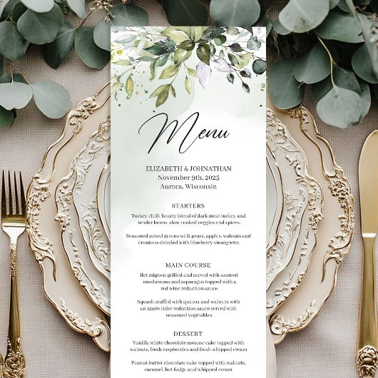 Boho greenery and gold eucalyptus wedding menu メニュー