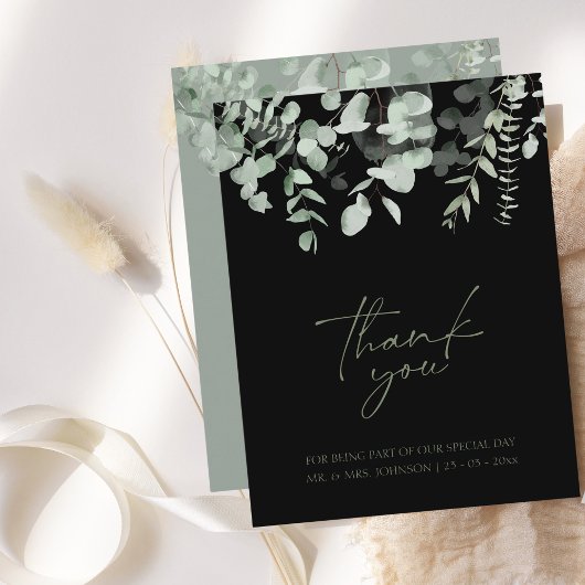 Boho Greenery Black Eucalyptus 結婚'Thank You サンキューカード