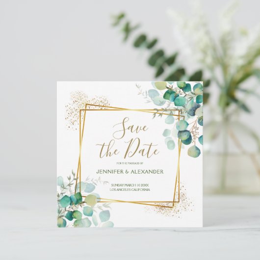 Boho Greenery Geometric Square日付を保存 招待状 (スタンド正面)