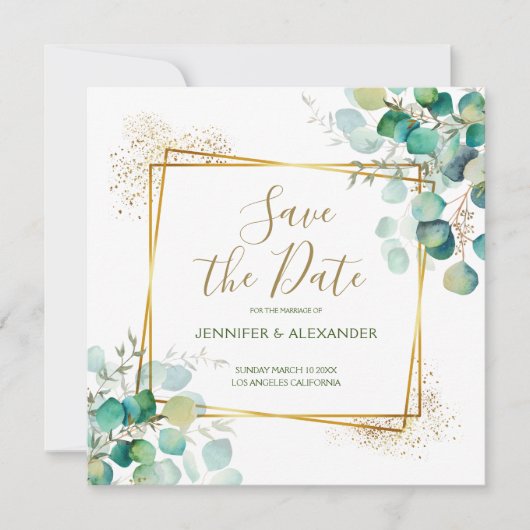 Boho Greenery Geometric Square日付を保存 招待状 (正面)