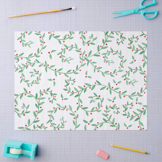 Boho Greenery Hollyと赤いベリーのクリスマス 薄葉紙 (クラフト)