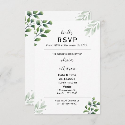 Boho Greenery RSVP Card Invitation (正面/裏面)