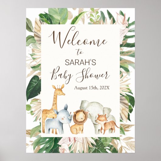 Boho Greenery Safariベビーシャワー歓迎サイン ポスター (正面)