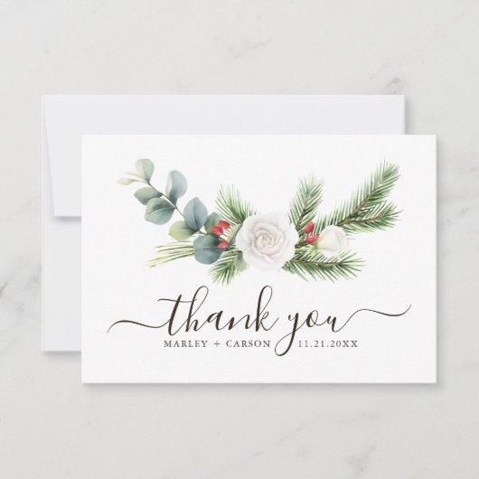 Boho Greenery Script Evergreen Wedding サンキューカード (正面)