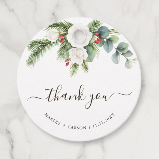 Boho Greenery Script Evergreen Wedding フェイバータグ (正面)