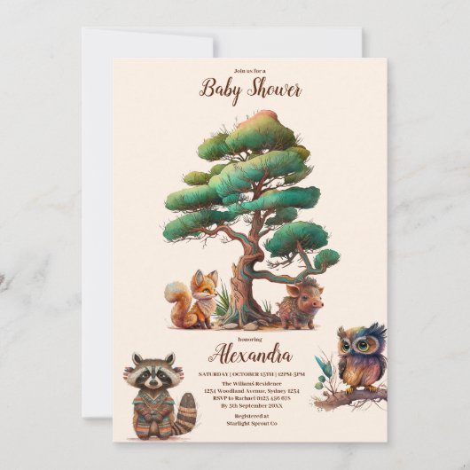 Boho Greenery Woodland Animals Baby Shower 招待状 (正面)
