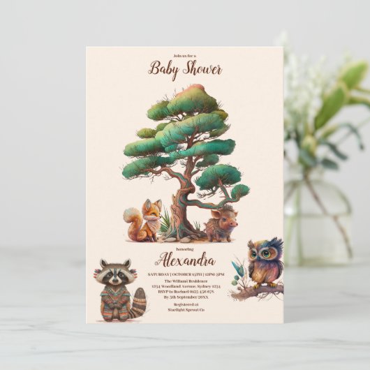 Boho Greenery Woodland Animals Baby Shower 招待状 (スタンド正面)