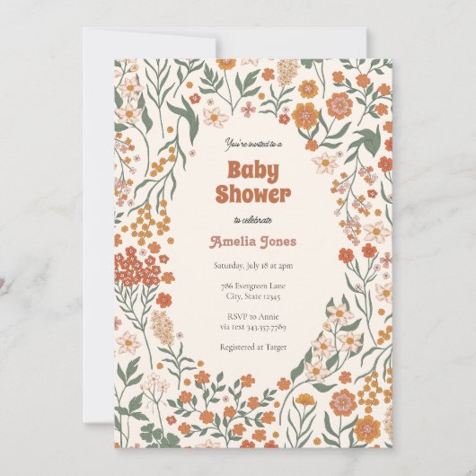 Boho Groovy牧草地ワイルドフラワーベビーシャワー 招待状 (正面)