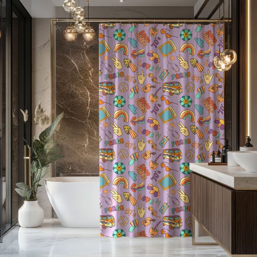 Boho Groovy Curtain Retro Pastel Bath Vibes シャワーカーテン