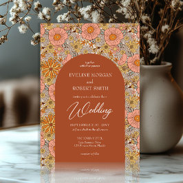 Boho groovy terracotaとピンクの花結婚のBoho 招待状