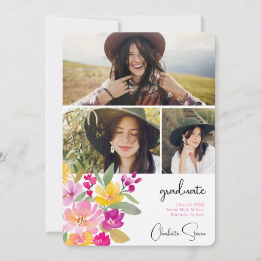 Boho Hand Boho絵を描フローラ3 – 写真卒業 招待状 (裏面)