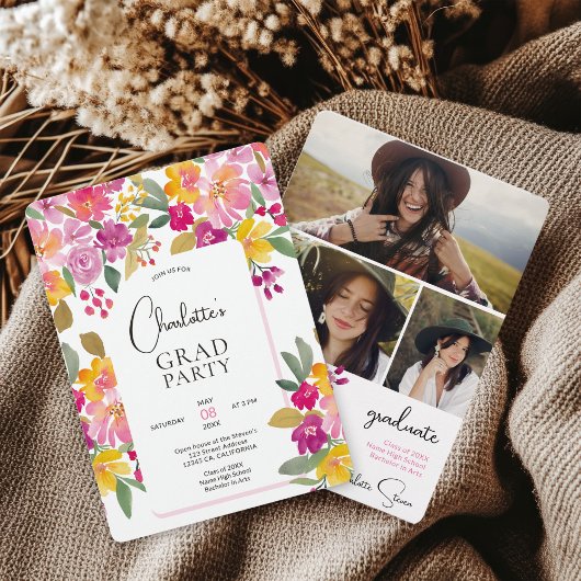 Boho Hand Boho絵を描フローラ3 – 写真卒業 招待状