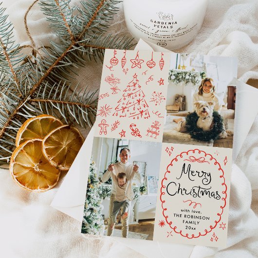 Boho Hand Drawn 自然 Merry Christmas 2写真 シーズンカード